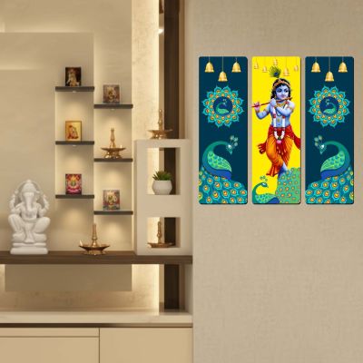 Lord Krishna Wooden Wall Hanging Art  Divine Bal Gopal Flute Playing Artwork for Living Room, Pooja Mandir, and Home Decor